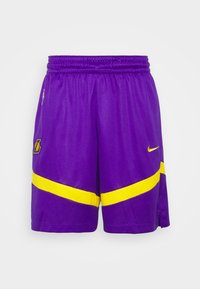 Lila nätbasketshorts med en gul accentrand, utrustade med en broderad logo och resårmidja. Standard passform.