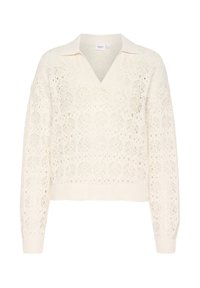 Gestrickter cremefarbener Pullover mit V-Ausschnitt und kontrastierendem Kragen. Verfügt über ein strukturiertes, offenes Muster sowie gerippte Bündchen und Saum. Verkürzter Schnitt.