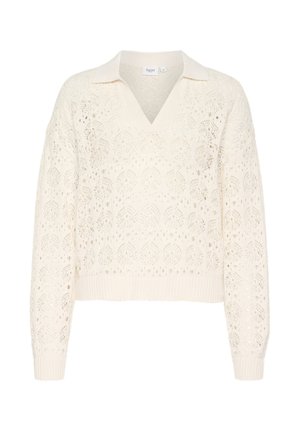 Gehaakte crèmekleurige trui met een V-hals en een contrasterende kraag. Heeft een gestructureerd, open patroon en ribgebreide manchetten en zoom. Verkorte stijl.