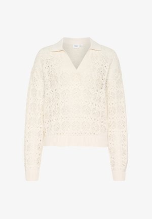 Gehaakte crèmekleurige trui met een V-hals en een contrasterende kraag. Heeft een gestructureerd, open patroon en ribgebreide manchetten en zoom. Verkorte stijl.