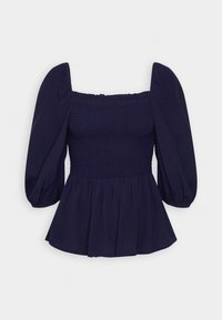 Top peplum blu navy con scollatura quadrata, corpino arricciato e maniche a sbuffo, realizzato in tessuto leggero con una morbida texture.