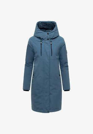 Parka lunga blu con cappuccio, dotata di interno foderato in pile, stringhe regolabili e chiusura frontale con bottoni a pressione. Due tasche laterali.