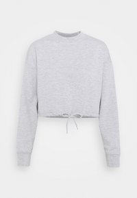 Sudadera corta en gris jaspeado, con cuello redondo, mangas largas y dobladillo ajustable con cordón. Textura suave.