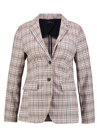 Béžový kostkovaný blazer s kostkovaným vzorem a červenými a modrými akcenty. Dvě přední kapsy a zapínání na jeden knoflík. Hladká textura.