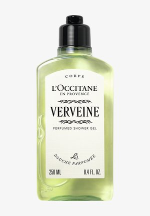 Un flacon de gel douche parfumé L’Occitane Verbena de 250 ml, avec un gel vert pâle et un bouchon noir.