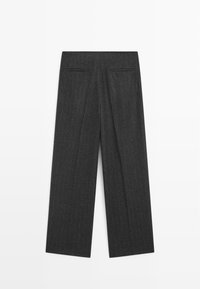 Donkergrijze wijde pantalon met een streeppatroon, voorzien van twee achterzakken en een gladde, gestructureerde stof.