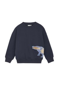 Marinblå sweatshirt i bomull med en lekfull krokodilgrafik på framsidan. Rundad halsringning och ribbade ärmslut.