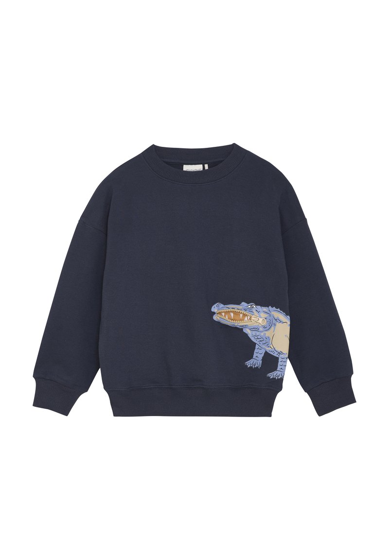 Marinblå sweatshirt i bomull med en lekfull krokodilgrafik på framsidan. Rundad halsringning och ribbade ärmslut.