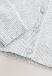 Cardigan grigio chiaro in maglia con polsini e orlo a coste, bottoni rotondi dello stesso colore. Tessuto morbido con una finitura raffinata.