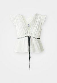 White sleeveless blouse with lace detailing, V-neck, flutter sleeves, pleated fabric, and a black tie at the waist.