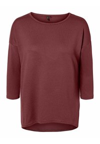 Haut bordeaux en maille côtelée avec une coupe décontractée, un col rond et des manches trois-quarts. Présente un ourlet légèrement incurvé. Texture de tissu douce.