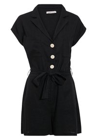 Salopette en lin noir avec des manches courtes, un col, cinq boutons crème, deux poches poitrine et une ceinture nouée à la taille.