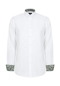 Biała koszula z długim rękawem i zapięciem na guziki. Posiada wzorzystą tkaninę przy mankietach i kołnierzyku w odcieniach zieleni i niebieskiego.