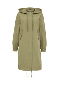 Olivegrüne, lange Kapuzenjacke aus leichtem Stoff, mit Kordelzügen, seitlichen Taschen, elastischen Bündchen und gerader Passform.