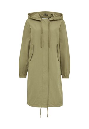 Olivengroene, lange, gea Capuchonjack gemaakt van lichtgewicht stof, met trekkoorden, zijzakken, elastische manchetten en een rechte snit.