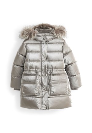 Sølvfarvet polstret vinterjakke med hætte pyntet med imiteret pels, frontknapper med tryk, justerbar talje og to store forlommer.