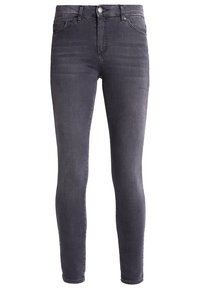 Tajta jeans i mörkgrå denim, med en klassisk femfickdesign, lätt blekning fram och en metallknapp som stängning i midjan.