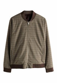Brown checkered bomber jacket with a smooth texture, zip front, ribbed collar, and cuffs. Side pockets integrated into the design.