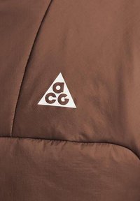 Brun puffjacka med en slät textur har en framträdande vit triangel-logotyp med "acg" i gemener, placerad på bröstet.