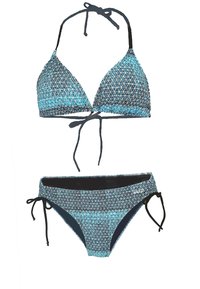 Haut de bikini triangle et bas assorti en bleu avec un motif géométrique. Comprend des fermetures à nouer et des accents noirs unis sur les côtés.