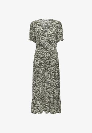 Robe à motifs floraux, longueur genou en vert olive et crème, présentant des manches courtes, une taille froncée et un ourlet à volants.