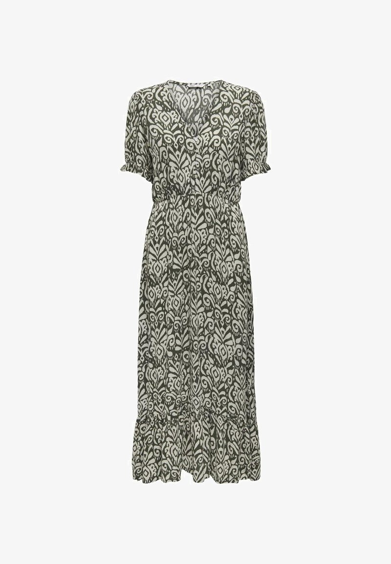 Floral-patterned, knee-length dress in olive green and cream, featuring short sleeves, a gathered waist, and a ruffled hem.