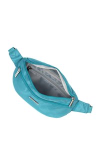 Marsupio in tessuto teal con una superficie liscia, dotato di chiusura a zip, hardware in argento e una tasca interna per l'organizzazione.