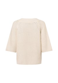 Cream-colored knitted sweater with a boxy shape, short sleeves, and a wide neckline, featuring a textured pattern throughout.