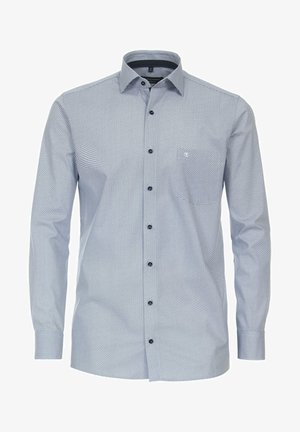 Helles blaues Langarmhemd mit geometrischem Muster, schwarzen Knöpfen und einer Brusttasche. Hergestellt aus einem Stoff mit glatter Textur.