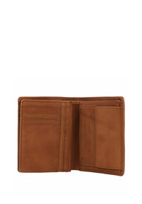 Portafoglio in pelle marrone, design pieghevole, con più scomparti per carte e una tasca, texture morbida, superficie liscia, dettagli di cucitura sottili.