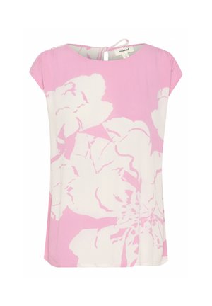 Kurzarm-Oberteil aus leichtem Stoff, mit einem rosa Blumenmuster auf weißem Grund, ausgestattet mit einem Schlüssellochausschnitt und einer Bindeschließe.