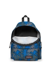 Zaino grigio e blu con motivo di palme blu, chiusura a zip, spallacci regolabili e maniglia superiore. Interno nero con foderatura più chiara.