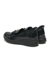 Scarpe in pelle verniciata nera con punta tonda, cinturino regolabile e suola texturizzata. Design elegante con tacco piatto per il massimo comfort.