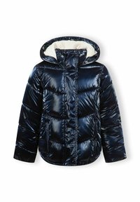 Tamno plava puf jakna s sjajnom, glatkom površinom; ima kapuljaču i mekani, bijeli podstavu. Dizajnirana s patentnim zatvaračem i bočnim džepovima.