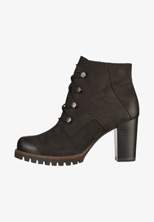 Black ankle boot made of textured leather, featuring lace-up design, round toe, and a chunky, ridged heel for added stability.