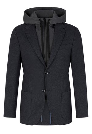 Marineblauwe textured blazer met een donkergrijze ritskap. Beschikt over twee voorkezen en een twee-knopen sluiting. Modern, veelzijdig ontwerp.