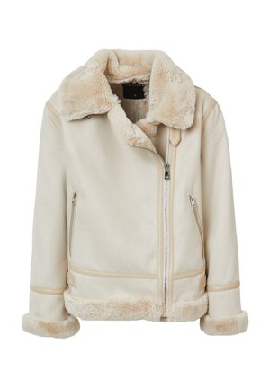 Giacca in finta pelliccia beige con un ampio colletto, chiusura frontale con zip e due tasche laterali con zip, foderate in morbido tessuto e dettagli ai polsini.