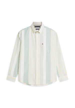 Chemise boutonnée à manches longues avec des rayures verticales vertes, beiges et blanches, et une poche poitrine ornée d'un petit logo.