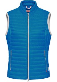Blaues ärmelloses Weste aus gestepptem Material mit hohem Kragen, Frontreißverschluss und zwei seitlichen Taschen mit Reißverschluss.