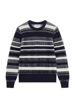 Navy and cream striped knit sweater with a crew neck, ribbed cuffs, and hem. Features textured patterns and logo detail on the side.