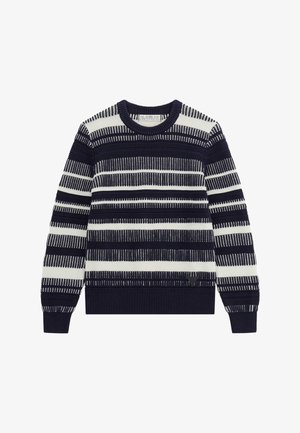 Gestreifter, navyblauer und cremefarbener Strickpullover mit Rundhalsausschnitt, gerippten Bündchen und Saum. Verfügt über strukturierte Muster und ein Logodetail an der Seite.