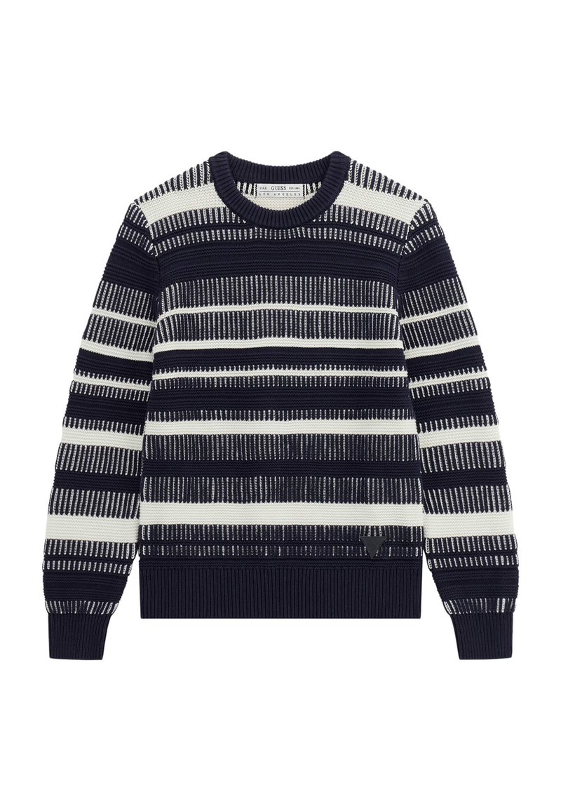 Zaraten pulover z navadnim ovratnikom, podolgovatimi rukavi in robom, v mornarsko modri in smetanasti črtasti zasnovi. Ima teksturno vzorčenje in podrobnosti z logotipom na strani.