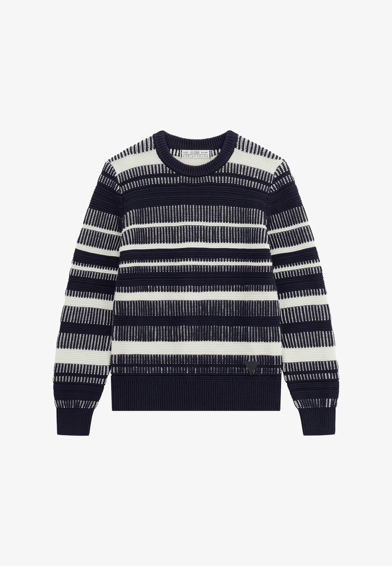 Zaraten pulover z navadnim ovratnikom, podolgovatimi rukavi in robom, v mornarsko modri in smetanasti črtasti zasnovi. Ima teksturno vzorčenje in podrobnosti z logotipom na strani.