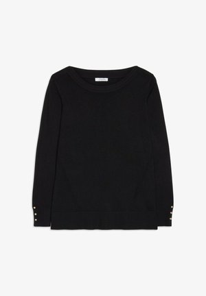 Pulover lung, negru, cu mâneci lungi și guler rotund, cu câte trei butoane mici aurii pe fiecare manșetă, așezat pe un fundal alb.