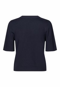Námornícky modrý sveter s krátkym rukávom a okrúhlym výstrihom. Vyrobený z mäkkého pleteného materiálu, s hladkou textúrou a minimalistickým dizajnom.