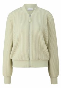 Veste bomber à fermeture éclair vert clair avec texture côtelée, poignets contrastés et col rond. Comprend des poches latérales et une taille ajustée.