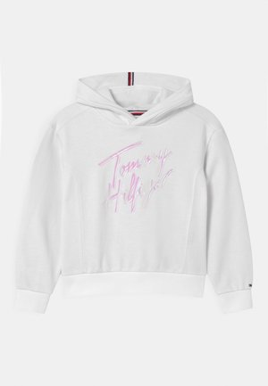 Weißer Kapuzenpullover mit einem rosa gestickten Logo. Gerippte Bündchen und Saum, mit einem gestreiften Akzent in der Kapuzenfutter. Weicher Stoff.