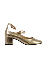 Zapatos Mary Jane metálicos dorados con punta redonda, correa al tobillo y tacón cuadrado. Textura suave con un acabado brillante. Suela negra.
