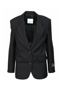 Schwarze, Wollmischung-Blazer mitrevers, zwei vorderen Taschen, Knopfschluss und einem Etikett innen, das "ERIKA CAVALINI" trägt.