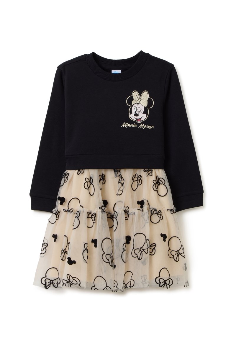 Schwarzes langärmliges Kleid mit einem beigen Tüllrock, der mit schwarzen Mustern von Minnie Maus Köpfen und einem zwinkernden Gesicht von Minnie Maus mit Schleife auf der Brust verziert ist.